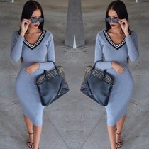 OL Style V-neck Long Sleeve Slim Fit Dress