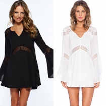 Fashion Hollow Out Lace Spliced Trumpet Sleeve Solid Color Dress