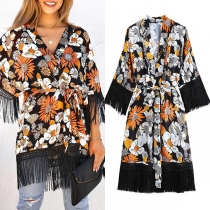 Retro Ethnic Style Tassels Hem Print Cardigan