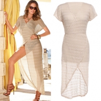 Sexy V-neck Irregular Slit Hem See-through Beach Dress