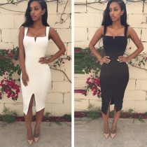 Sexy Backless Low-cut Slit Hem Sling Bodycon Dress