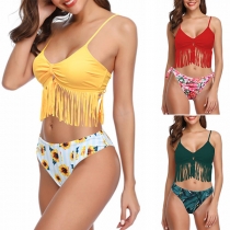 Sexy Floral Print Push-up Tassel Bikini Set