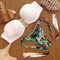Sexy Metal Chains Floral Print Bandeau Bikini Set
