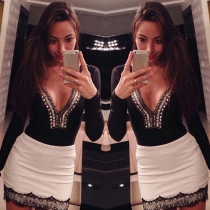 Sexy Contrast Color Rhinestone Deep V-neck Long Sleeve Dress
