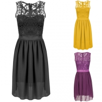 Elegant Lace Spliced Sleeveless High Waist Chiffon Dress