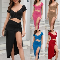 Sexy Solid Color Crop Tops + High Waist Irregular Bust Skirt Set