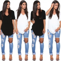 Fashion Solid Color V-neck Short Sleeve Irregular Hem T-shirt Dress
