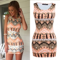 Fashion Sleeveless Round Neck Geometric Print Dress