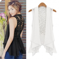 Sexy Hollow Out Lace Spliced Irregular Hem Chiffon Vest