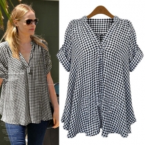Fashion Short Sleeve V-neck Oversized Plaid Shirt