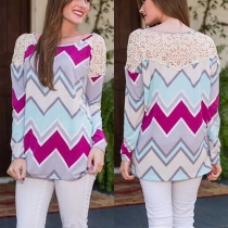 Fashion Lace Spliced Long Sleeve Round Neck Wave-stripe T-shirt