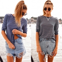 Fashion Long Sleeve Round Neck Striped T-shirt