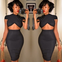 Sexy Crossover Crop Tops + High Waist Bust Skirt Two-piece Set