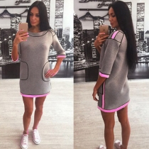 Fashion Contrast Color 3/4 Sleeve Round Neck Dress