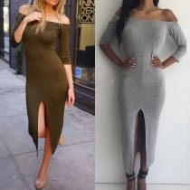 Sexy Slash Neck Slit Hem Half Sleeve Solid Color Slim Fit Dress
