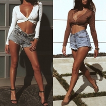 Sexy Deep V-neck Long Sleeve Solid Color Crop Tops