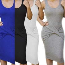 Fashion Solid Color Sleeveless Round Neck Slim Fit Tank Dress