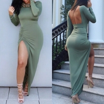 Elegant Solid Color Long Sleeve Irregular Slit Hem Long Sleeve Dress