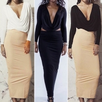 Sexy Deep V-neck Long Sleeve Tops + High Waist Bust Skirt Two-piece Set