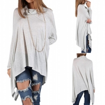 Fashion Solid Color Turtleneck Dolman Sleeve Irregular Hem Tops