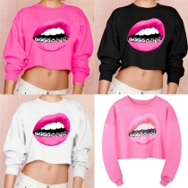 Fashion Long Sleeve Round Neck Red-lips Printed Short Sweatshirt