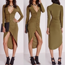 Sexy Deep V-neck Irregular Hem Long Sleeve Slim Fit Party Dress