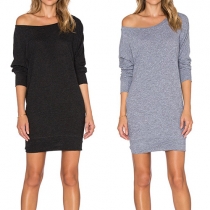 Sexy Slash Neck Long Sleeve Slim Fit Solid Color Dress