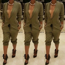 Sexy Deep V-neck Long Sleeve Gathered Waist Solid Color Jumpsuits