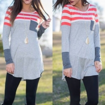 Fashion Contrast Color Long Sleeve Round Neck T-shirt