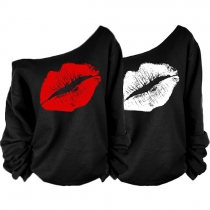 Sexy Oblique Shoulder Long Sleeve Lip Printed Sweatshirt