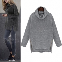 Fashion Solid Color High-low Hem Turtleneck Long Sleeve T-shirt