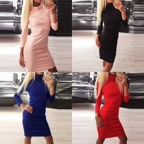 Fashion Solid Color Long Sleeve Turtleneck Slim Fit Dress