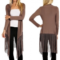 Fashion Solid Color Long Sleeve Tassel Hem Cardigan