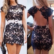 Sexy Backless Short Sleeve Round Neck Slim Fit Lace Dress