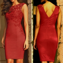 Elegant Lace Spliced Sleeveless Round Neck Slim Fit Dress