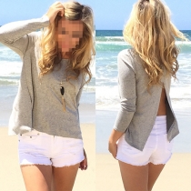 Sexy Backless Long Sleeve Round Neck Solid Color T-shirt