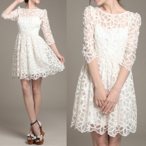 Sweet Style 3/4 Sleeve Round Neck Lace Dress
