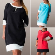 Fashion Contrast Color Half Sleeve Round Neck Dress