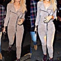Fashion Solid Color Long Sleeve Lapel Slim Fit Jumpsuits