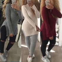 Fashion Solid Color Slit Hem Turtleneck Knit Sweater