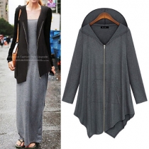 Fashion Solid Color Long Sleeve Irregular Hem Hooded Coat