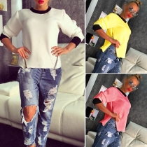 Fashion Contrast Color Long Sleeve Round Neck Zipper Hem Sweatshirt