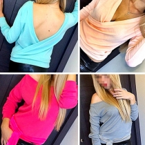Sexy Backless Long Sleeve Solid Color T-shirt