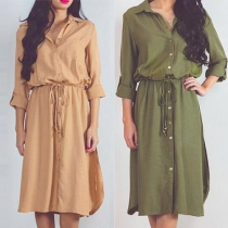 Fashion Solid Color Long Sleeve Gathered Waist Shirt Dress