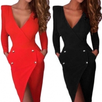 Sexy Backless V-neck Irregular Hem Double-breasted Party Dress