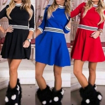 Fashion Contrast Color 3/4 Sleeve Round Neck A-line Dress
