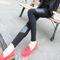 Mode PU-läder Leggings med hög midja och elegant skarvning