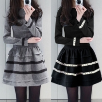 Fashion Contrast Color Long Sleeve Round Neck Slim Fit Dress