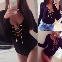 Sexy Deep V-neck Long Sleeve Solid Color Rompers