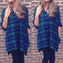 Fashion Long Sleeve POLO Collar Loose Plaid Shirt